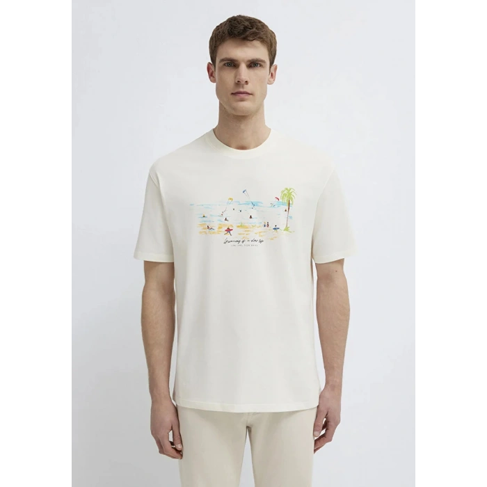 Mavi 0613320 0 Yaka Erkek Tshirt - Ekru