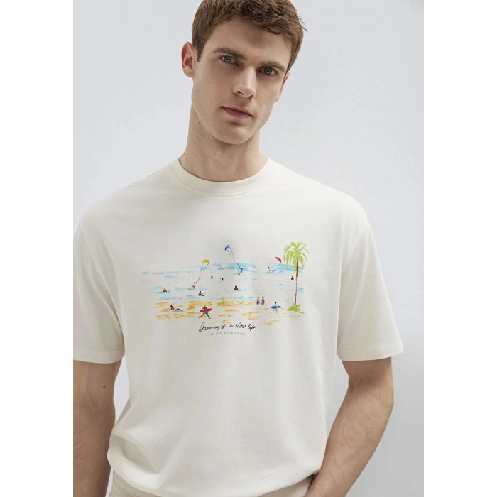 Mavi 0613320 0 Yaka Erkek Tshirt - Ekru