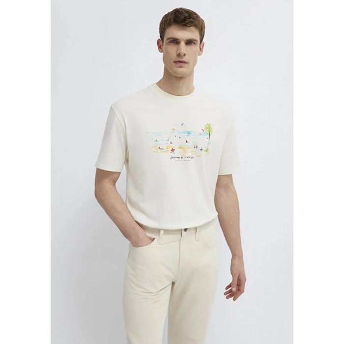 Mavi 0613320 0 Yaka Erkek Tshirt - Ekru