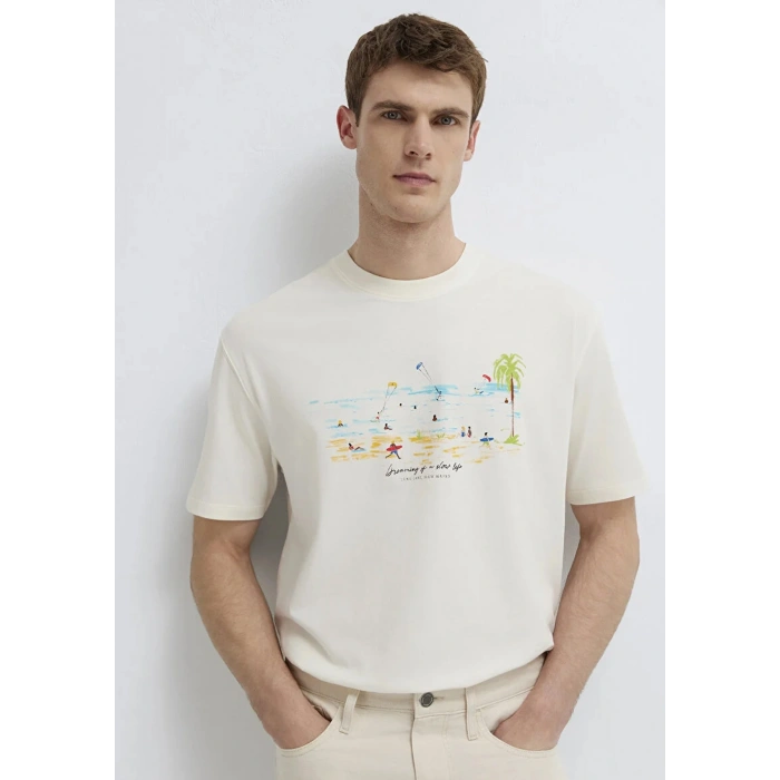 Mavi 0613320 0 Yaka Erkek Tshirt - Ekru