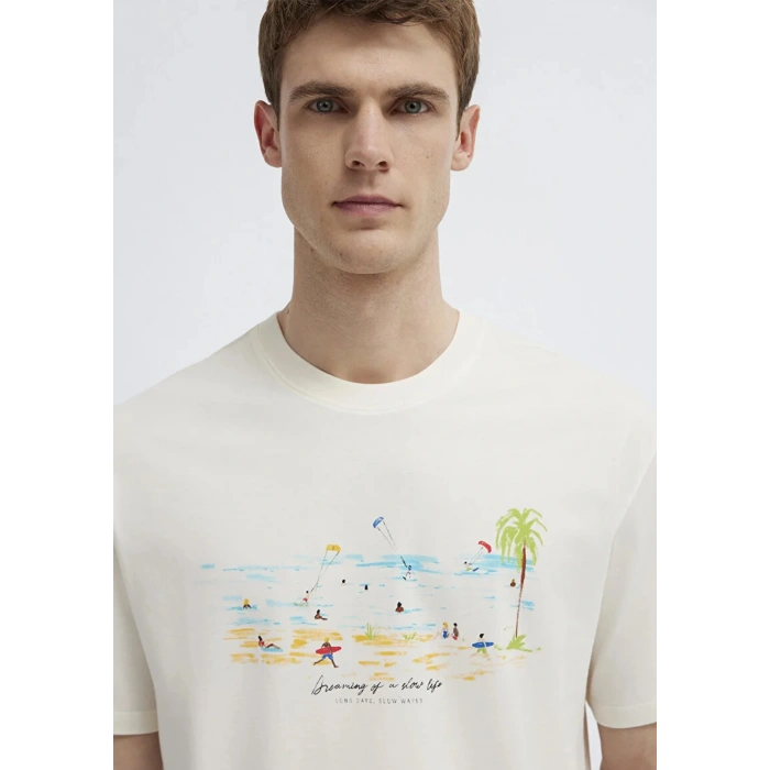 Mavi 0613320 0 Yaka Erkek Tshirt - Ekru