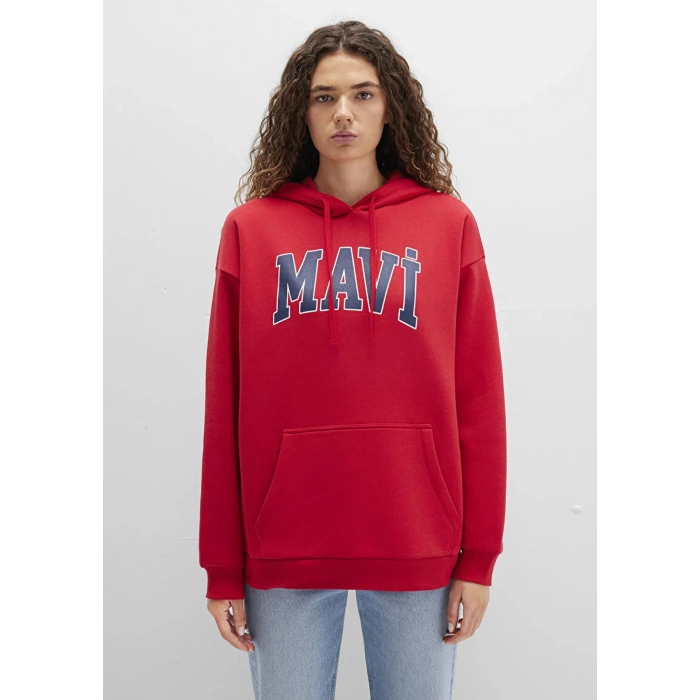 Mavi 1600361 Kapsonlu Yazili Kadın Sweat - Kirmizi