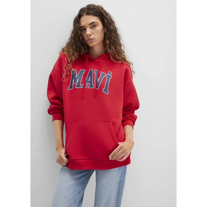 Mavi 1600361 Kapsonlu Yazili Kadın Sweat - Kirmizi