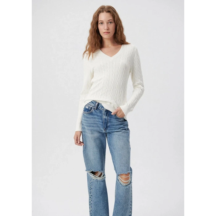 Mavi 1710340 V Yaka Kadın Triko - Ekru