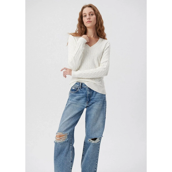 Mavi 1710340 V Yaka Kadın Triko - Ekru