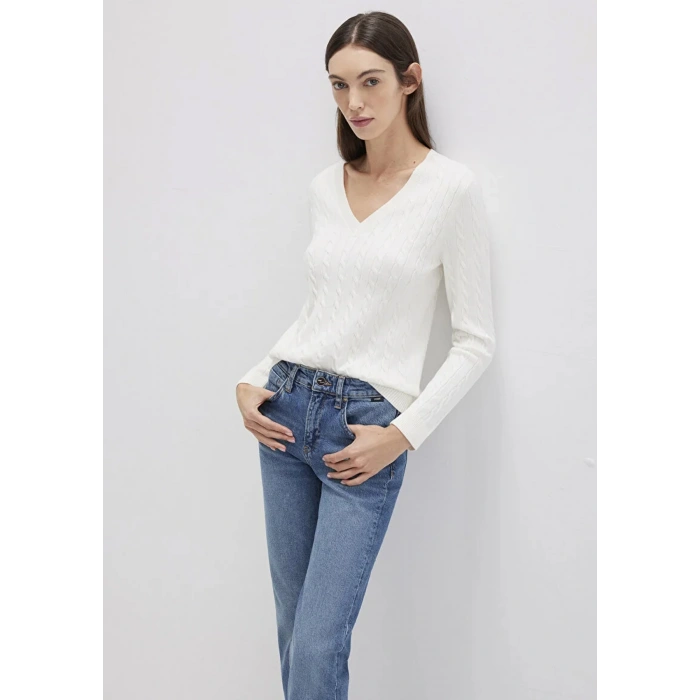 Mavi 1710340 V Yaka Kadin Triko - Ekru