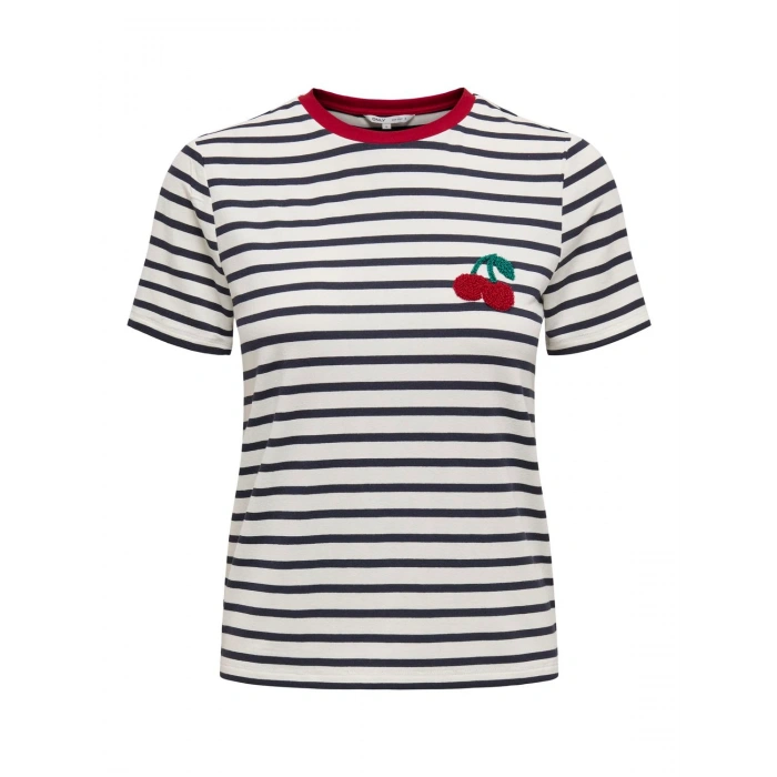 Only 0 Yaka Kiraz Desenli Kadin Body - Ekru Laci Cizgili