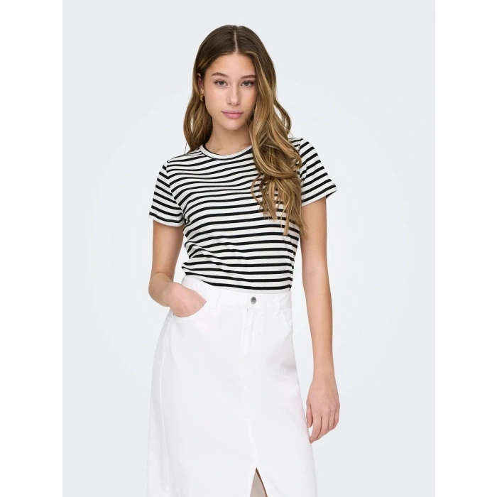 Only Jdy 15314449 0 Yaka Yatay Cizgili Kadın Body - Siyah Beyaz Cizgili