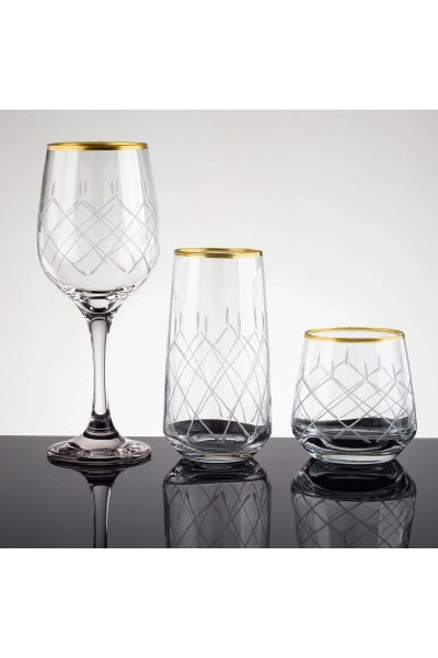 Kareçubuk Gold El Dekor Kesme Cam Su Takımı 61 Parça 12 Kişilik