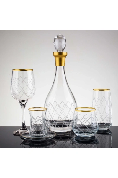 61 Parça 12 Kişilik Kare Gold El Dekor Kesme Cam Su Takımı???????