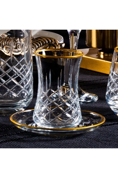 31 Parça 6 Kişilik Kareçubuk Gold El Dekor Parlatma Kesme Cam Su Takımı