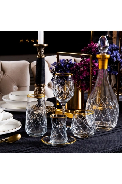 61 Parça 12 Kişilik Kare Gold El Dekor Kesme Cam Su Takımı???????