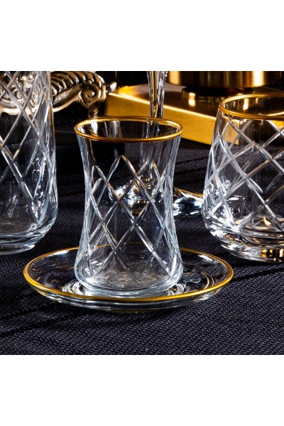 61 Parça 12 Kişilik Kare Gold El Dekor Kesme Cam Su Takımı???????