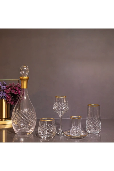 61 Parça 12 Kişilik Kareçubuk Gold El Dekor Kesme Cam Su Takımı