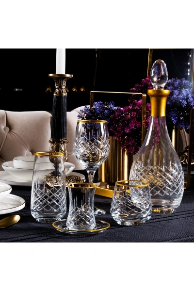 31 Parça 6 Kişilik Kareçubuk Gold El Dekor Parlatma Kesme Cam Su Takımı