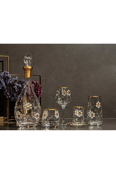 61 Parça 12 Kişilik Papatya El Dekor Kristal Kesme Gold Cam Su Takımı