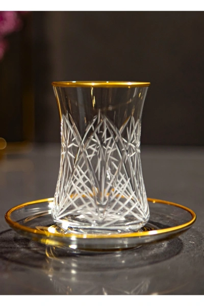 61 Parça 12 Kişilik Dantel El Dekor Kristal Kesme Gold Cam Su Takımı