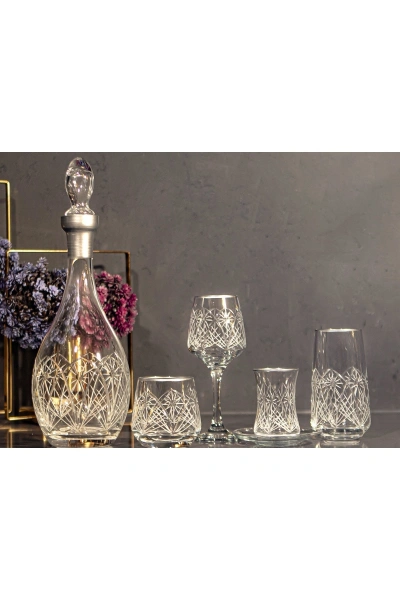 61 Parça 12 Kişilik Dantel El Dekor Kristal Kesme Gümüş Cam Su Takımı