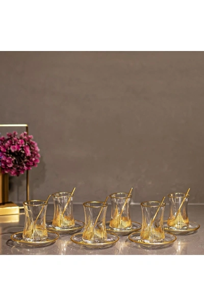 12 Parça 6 Kişilik Gold El Dekor Kesme Çay Seti