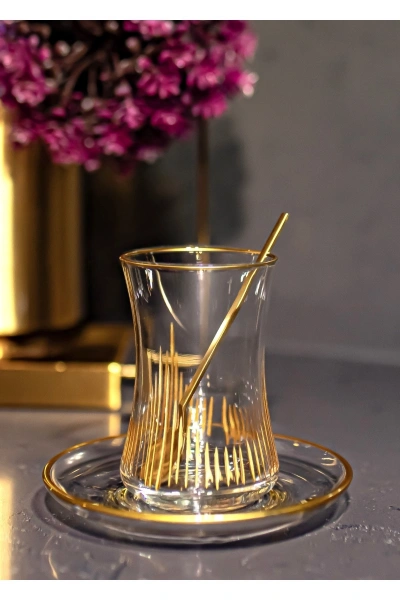 12 Parça 6 Kişilik Gold El Dekor Kesme Çay Seti