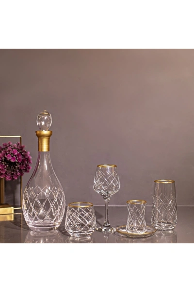 61 Parça 12 Kişilik Kare El Dekor Kristal Kesme Gold Cam Su Takımı