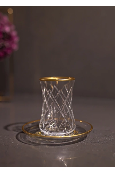 61 Parça 12 Kişilik Kare El Dekor Kristal Kesme Gold Cam Su Takımı