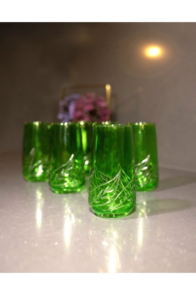 25 Parça 12 Kişilik Yaprak El Dekor Kristal Kesme  Renkli Cam Su Takımı