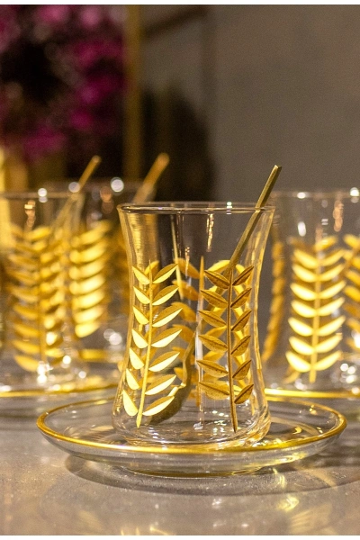 12 Parça 6 Kişilik Kristal Kesme Gold Çay Seti