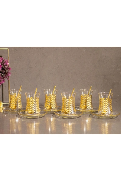 12 Parça 6 Kişilik Kristal Kesme Gold Çay Seti
