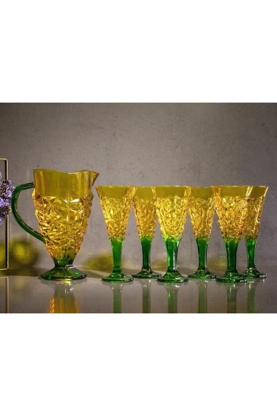 7 Parça Renkli Cam Su, Meşrubat Seti 1,5lt-270cc Sarı-Yeşil
