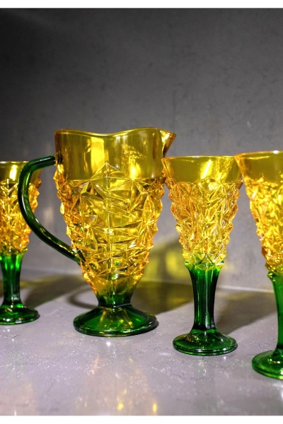 7 Parça Renkli Cam Su, Meşrubat Seti 1,5lt-270cc Sarı-Yeşil