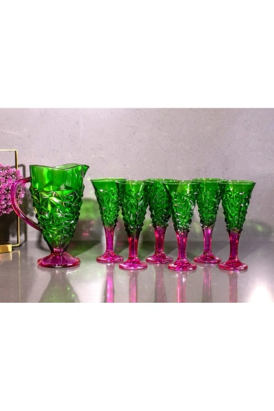 7 Parça Renkli Cam Su, Meşrubat Seti 1,5lt-270cc pembe-Yeşil