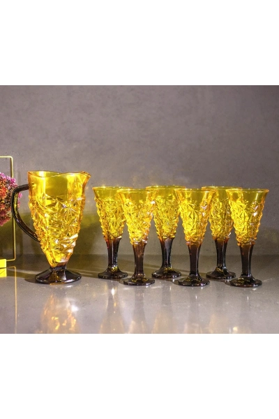 7 Parça Renkli Cam Su, Meşrubat Seti 1,5lt-270cc Sarı-kahverengi