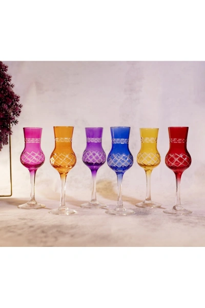 6 Parça Renkli Kristal Kesme Kahve Yanı Kadeh Bardak Seti