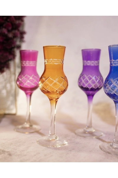 6 Parça Renkli Kristal Kesme Kahve Yanı Kadeh Bardak Seti