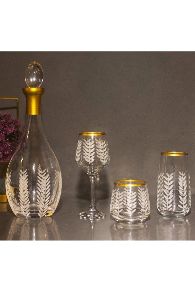 37 Parça 12 Kişilik Başak Kristal Kesme Gold Cam Su Bardak Takımı,meşrubat Bardağı Seti