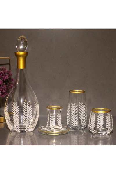 49 Parça 12 Kişilik Başak Kristal Kesme Gold Cam Su Bardak Takımı,Meşrubat Bardağı Seti