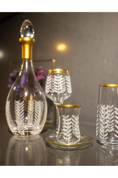 31 Parça 6 Kişilik Başak Kristal Kesme Gold Cam Su Bardak Takımı,Meşrubat Bardağı Seti