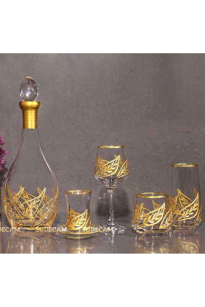 61 Parça 12 Kişilik Yaprak Kristal Kesme Gold Cam Su Bardak Takımı,Meşrubat Bardağı Seti