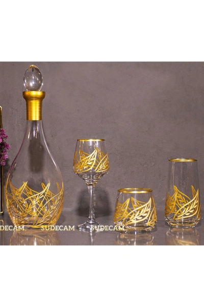 37 Parça 12 Kişilik Yaprak Kristal Kesme Gold Cam Su Bardak Takımı,Meşrubat Bardağı Seti