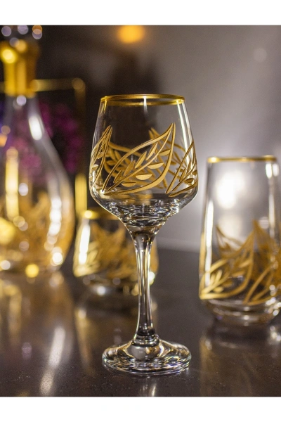 37 Parça 12 Kişilik Yaprak Kristal Kesme Gold Cam Su Bardak Takımı,Meşrubat Bardağı Seti