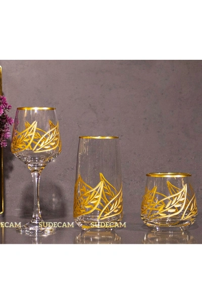 18 Parça 6 Kişilik Yaprak Kristal Kesme Gold Cam Su Bardak Takımı,Meşrubat Bardağı Seti