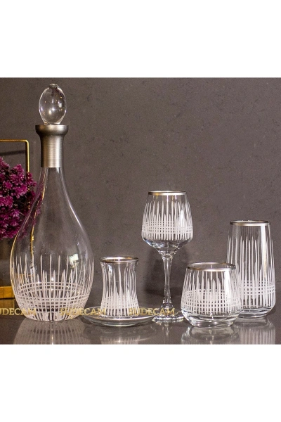 61 Parça 12 Kişilik Üççember Gümüş El Dekor Kesme Cam Su Bardak Takımı,Meşrubat Bardağı Seti