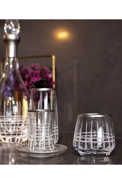 49 Parça 12 Kişilik Ekose Kristal Kesme Gümüş Cam Su Bardak Takımı,Meşrubat Bardağı Seti