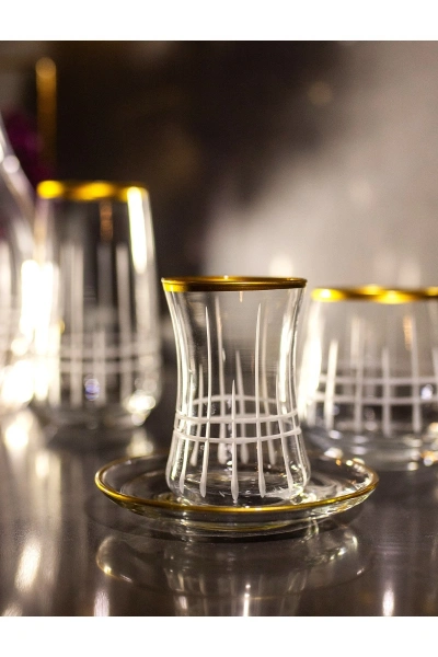 61 Parça 12 Kişilik Ekose Kristal Kesme Gold Cam Su Bardak Takımı,Meşrubat Bardağı Seti