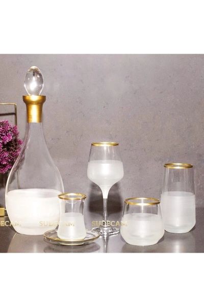 61 Parça 12 Kişilik Nish Gold Cam Su Bardak Takımı, Meşrubat Bardağı Seti