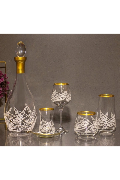 61 Parça 12 Kişilik Yaprak El Dekor Kesme Gold Cam Su Bardak Takımı,Meşrubat Bardağı Seti