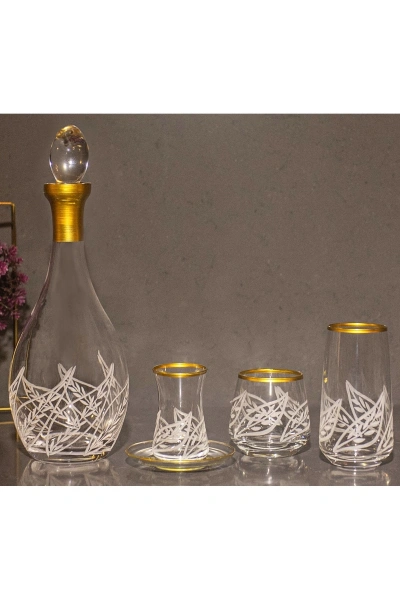 49 Parça 12 Kişilik Yaprak El Dekor Kesme Gold Cam Su Bardak Takımı,Meşrubat Bardağı Seti