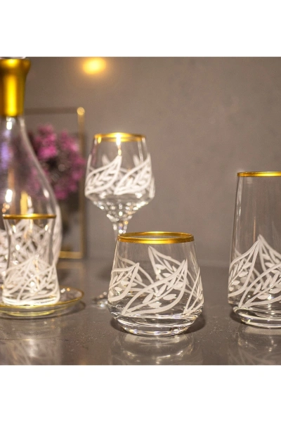 31 Parça 6 Kişilik Yaprak El Dekor Kesme Gold Cam Su Bardak Takımı,Meşrubat Bardağı Seti