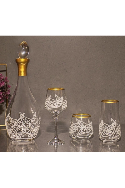 37parça 12 Kişilik Yaprak El Dekor Kesme Gold Cam Su Bardak Takımı,meşrubat Bardağı Seti